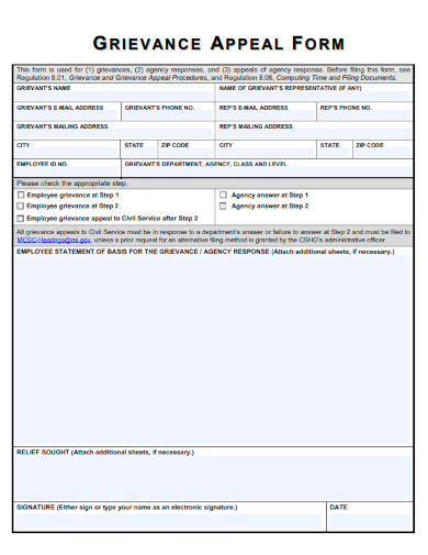 sample grievance appeal form template