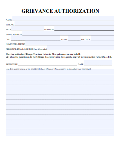 sample grievance authorization form template