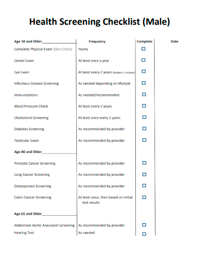 sample health screening checklist template