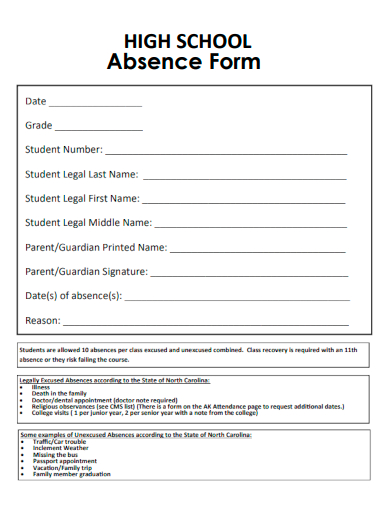 sample high school absence form template