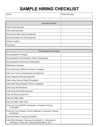 sample hiring checklist blank template