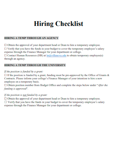 sample hiring checklist editable template
