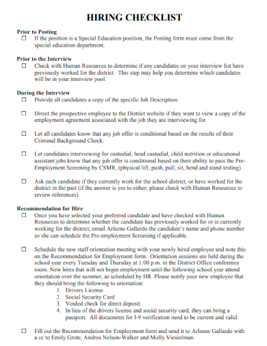 sample hiring checklist formal template