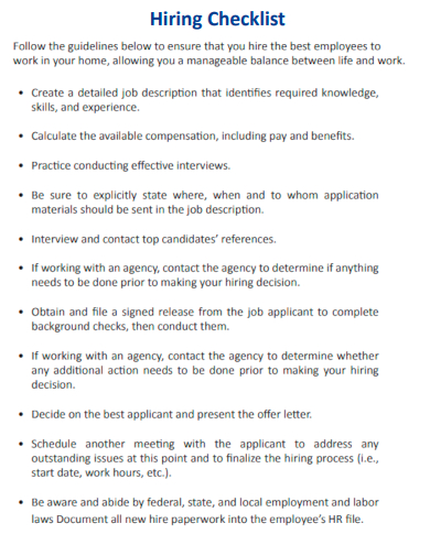 sample hiring checklist guidelines template