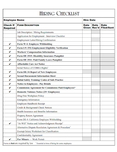 sample hiring checklist standard template