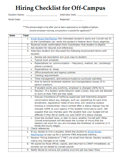 sample hiring checklist for off campus template