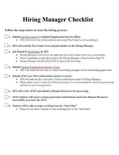 sample hiring manager checklist template