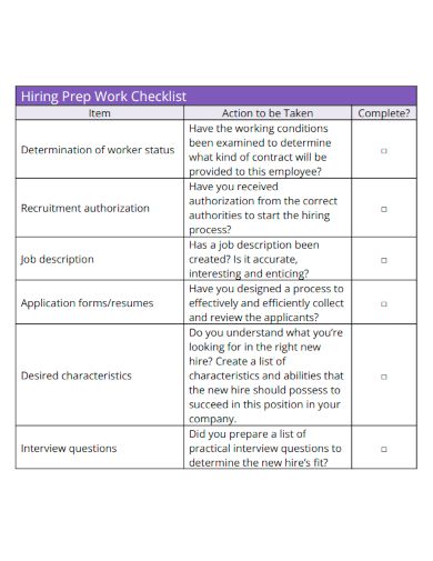 sample hiring prep work checklist template