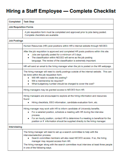 sample hiring a staff checklist template