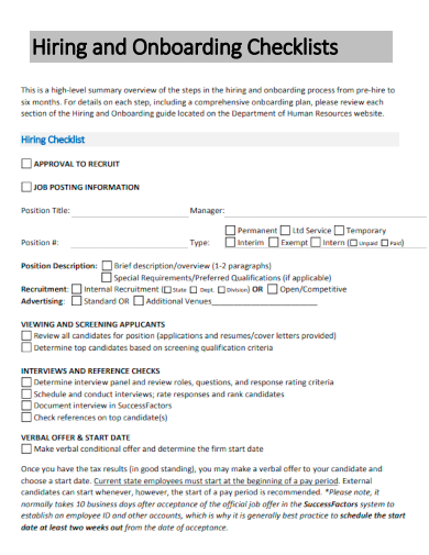 sample hiring and onboarding checklist template
