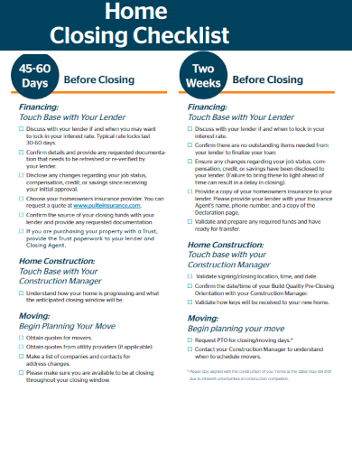 sample home closing checklist template