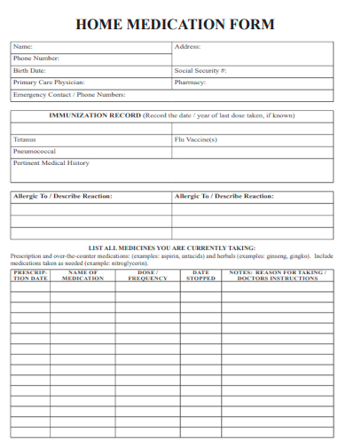 sample home medication form template