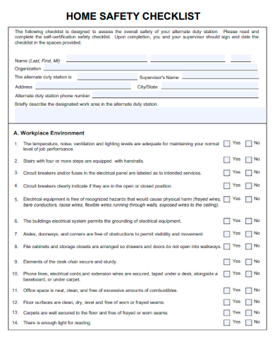 sample home safety checklist form template