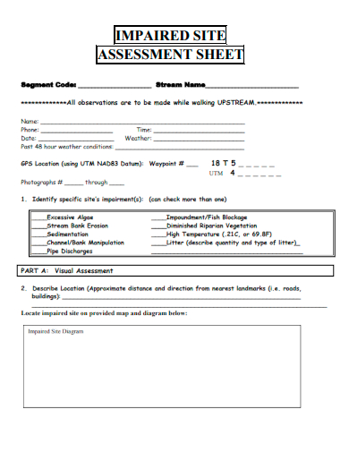 sample impaired site assessment sheet form template
