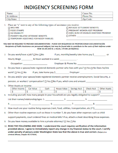sample indigency screening form template