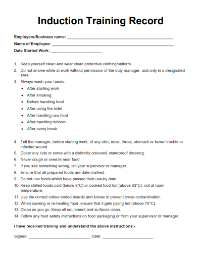 sample induction training record template