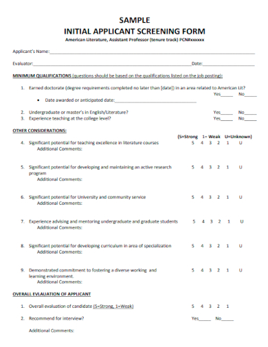 sample initial applicant screening form template