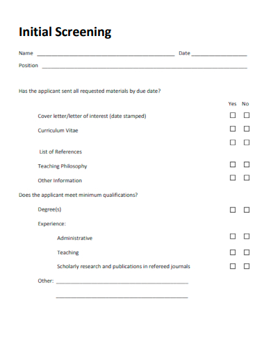 sample initial screening checklist template