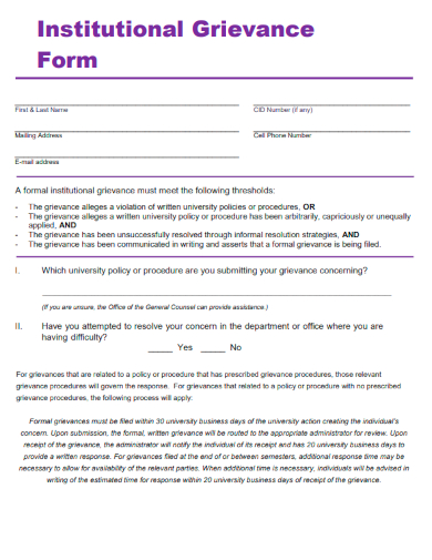 sample institutional grievance form template
