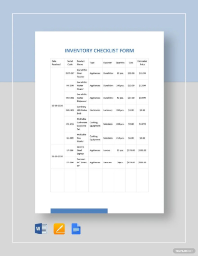 sample inventory checklist form template