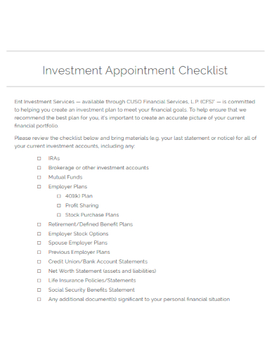 sample investment appointment checklist template