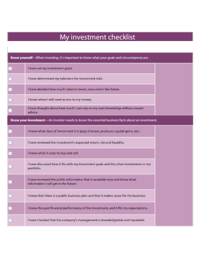 sample investment checklist editable template