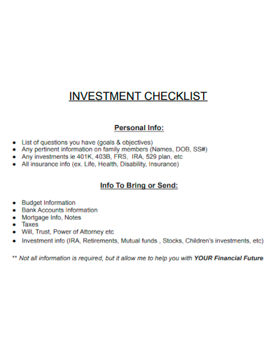 sample investment checklist formal template