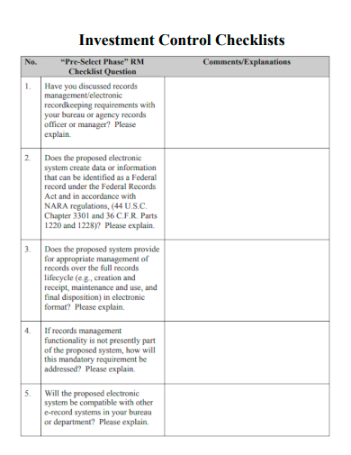 sample investment control checklists template