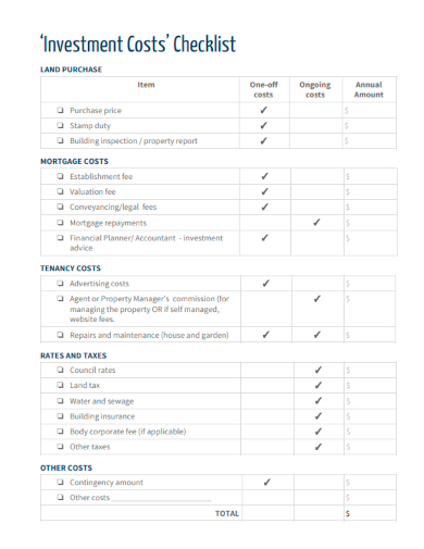 sample investment costs checklist template