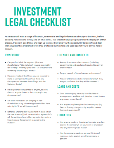 sample investment legal checklist template