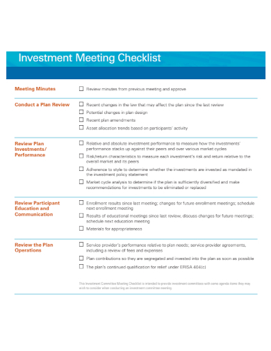 sample investment meeting checklist template