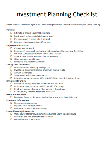 sample investment planning checklist template