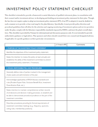 sample investment policy statement checklist template