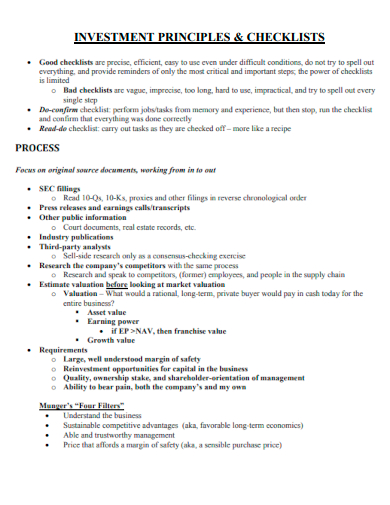 sample investment principles checklist template
