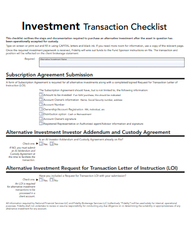 sample investment transaction checklist template