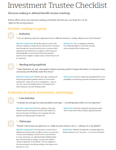 sample investment trustee checklist template