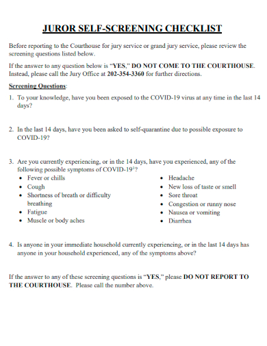 sample junior self screening checklist template