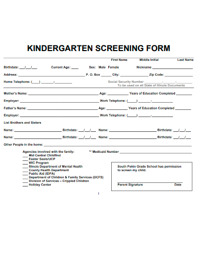 sample kindergarten screening form template