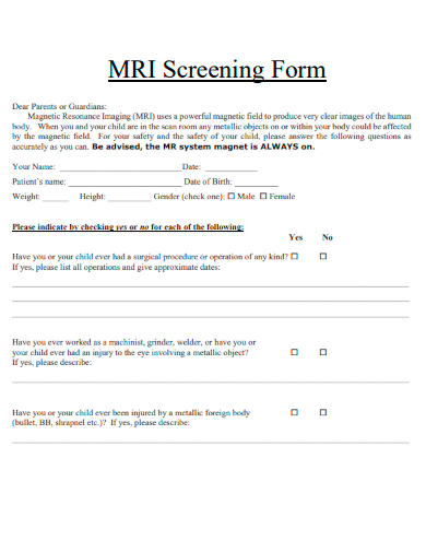 sample mri screening form template