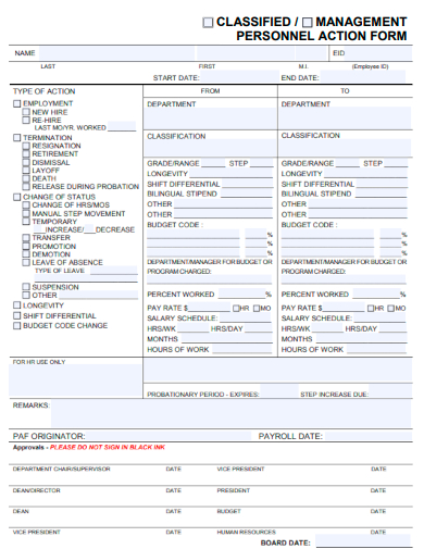 sample management personnel action form template