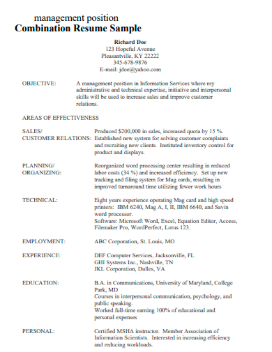 sample management position combination resume template