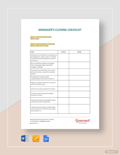 sample managers closing checklist template