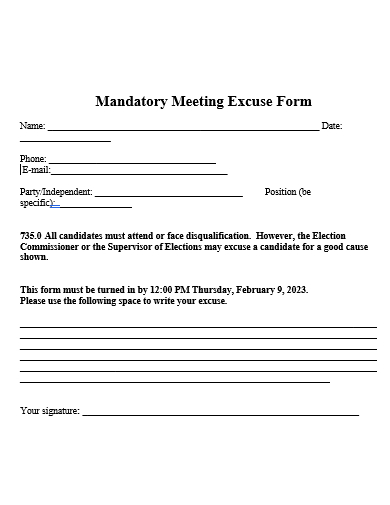 sample mandatory meeting excuse form template