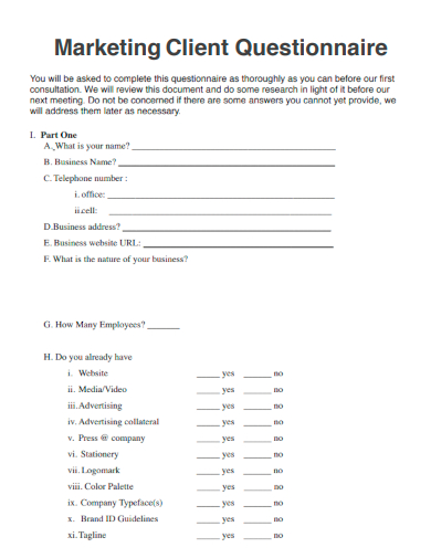 sample marketing client questionnaire template