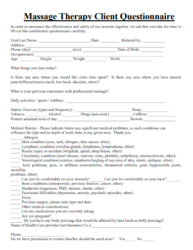 sample massage therapy client questionnaire template