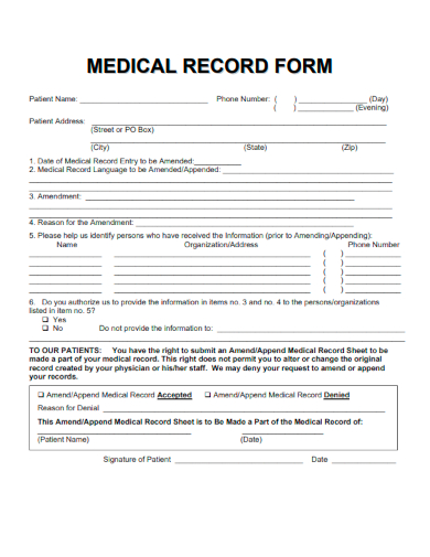 sample medical record form template