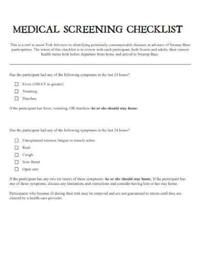 sample medical screening checklist template