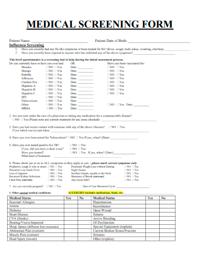 sample medical screening form template