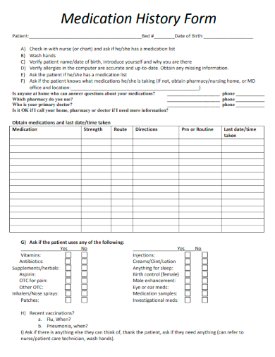 sample medication history form template