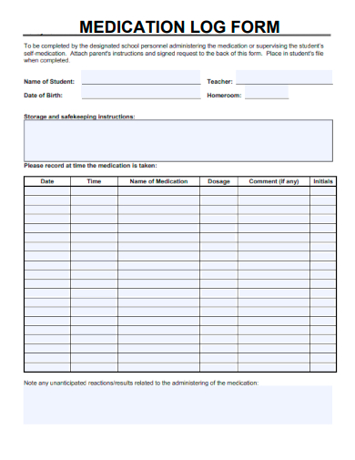 sample medication log form template